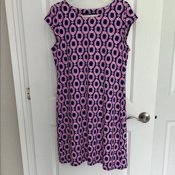 Barbara Erickson Pink & Navy Sheath Dress Chain Pattern SZ M - Picture 1 of 9